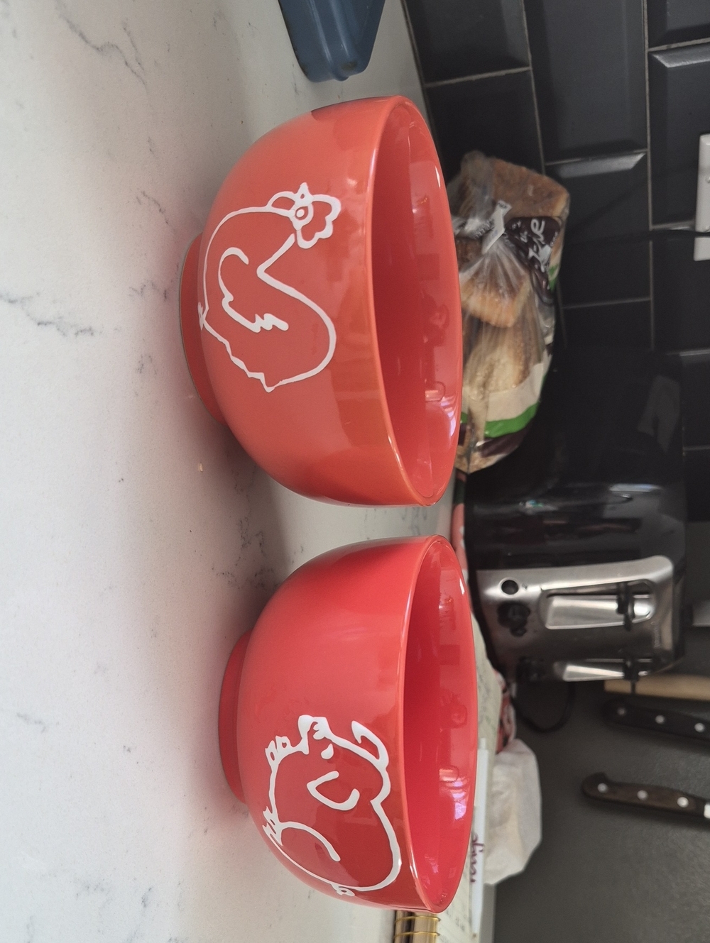 Gryphon Coral Red Ceramic Bowls with White Rooster And Pig Design - Set of 2